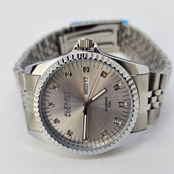 August Steiner 40MM Men's Watch Diamond Hour Markers Gray Bracelet Day Date 8.5" - Picture 2 of 10